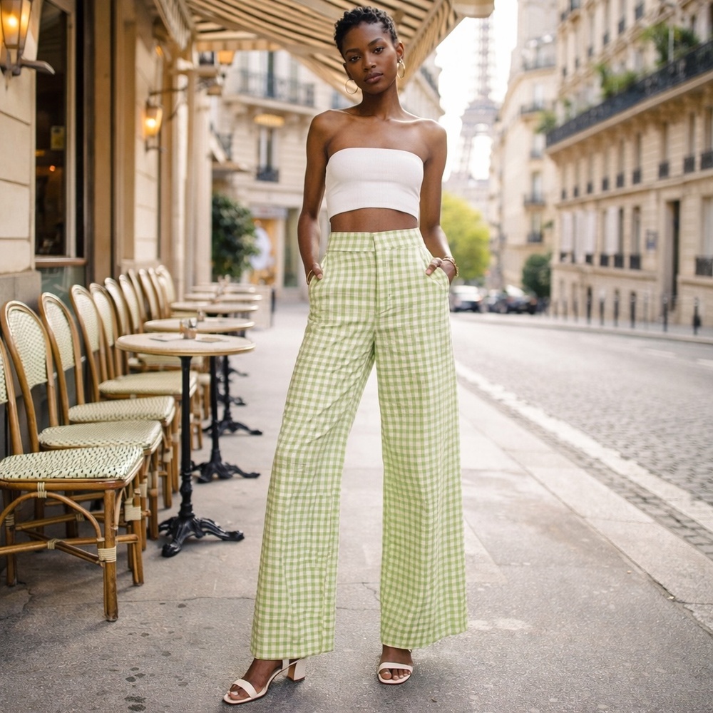 ZARA Green White‎ Gingham High Rise Wide-Leg Pants Parisian XS NWOT